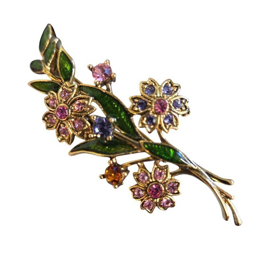 Vtg Floral Brooch Gold Tone Enamel Rhinestone 2.5" Pin Garden Cottagecore Stmt
